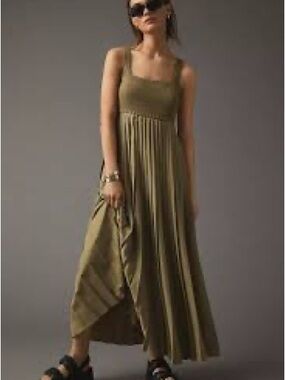 Anthropologie Olive Green Sleeveless Maxi with Smocked Bodice